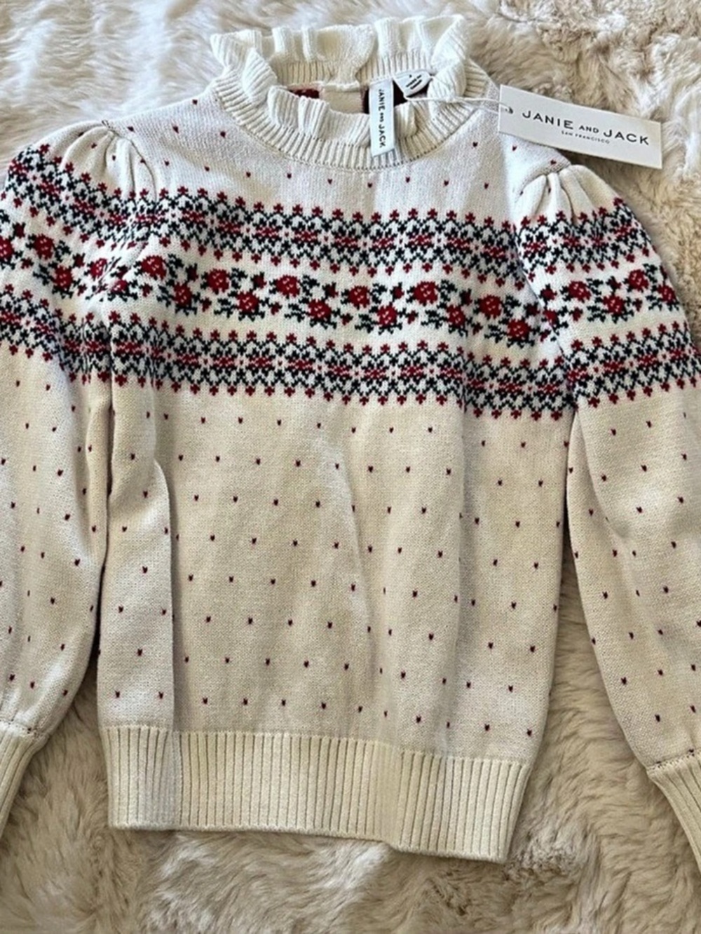 Janie and Jack Fair Isle Crewneck Sweater in Cream & Red NWT